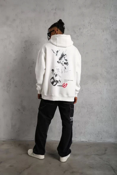 Erkek Şapkalı Güvercin Baskılı Kapşonlu Sweat - Beyaz - 5