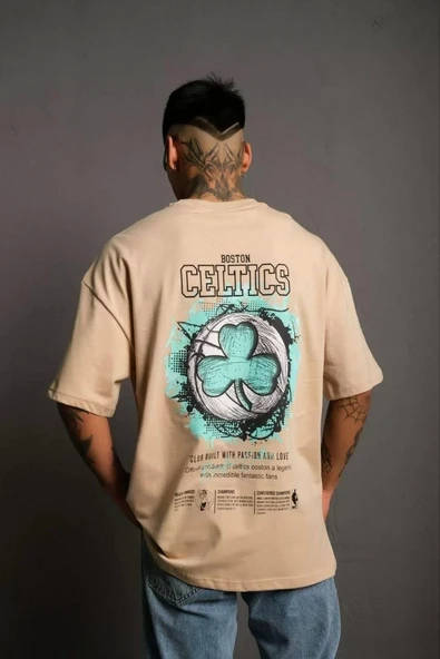 Erkek Sırt Baskılı T-shirt - Bej - 3