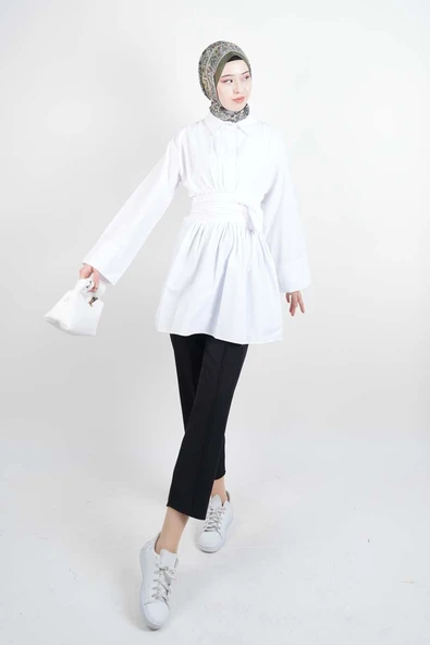 Bayan Gömlek Yarım Düğmeli Bel Dolamalı Trikoton Gömlek Beyaz - 2