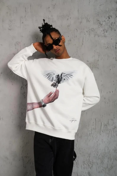 Erkek Güvercin Baskılı Sweatshirt - Beyaz - Resim 4