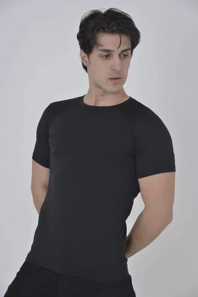 Erkek Omuz Fileli Slim Fit T-shirt - Siyah - Resim 2