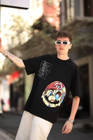 Erkek Mario Baskılı Oversize T-Shirt - Siyah - Resim 2