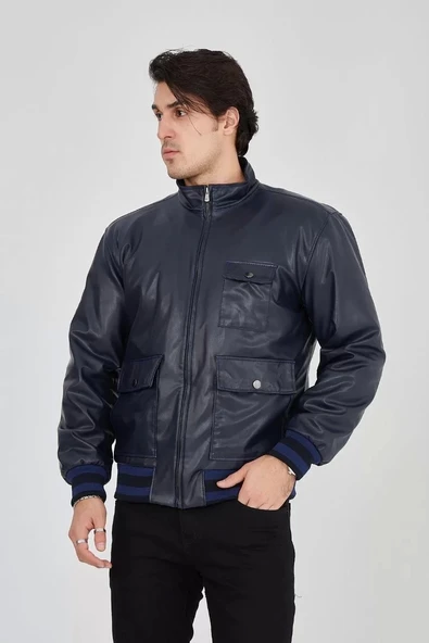 Erkek Fermuarlı İçten Elyaf ve Astarlı Suni Deri Ceket - Lacivert - Resim 5