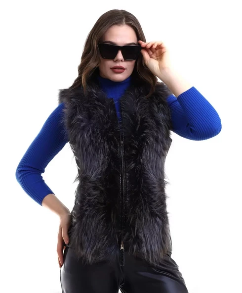 Kadın Fermuarlı Koyun Derisi Tilki Kürkü - Siyah - 6