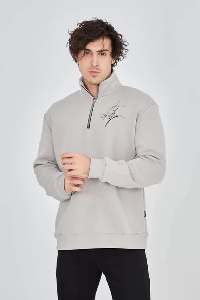 Erkek Yarım Fermuarlı Baskılı Sweat - Boyalı Gri - Resim 6
