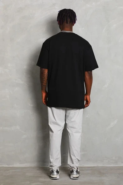 Unisex Oversize Düz Bisiklet Yaka T-Shirt - Siyah - Resim 2