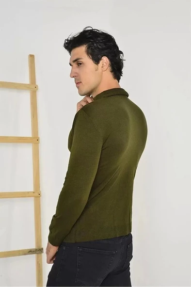 Erkek Tam Balıkçı Yaka Düz Renk Kazak - Yeşil - Resim 2