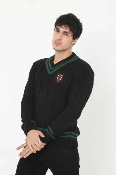 Erkek V Yaka Örgülü Kazak - Siyah - 2