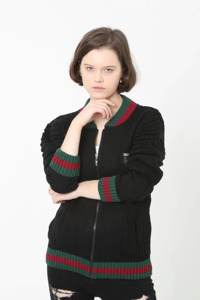 Kadın Tam Fermuarlı Triko Hırka - Siyah ürün görseli