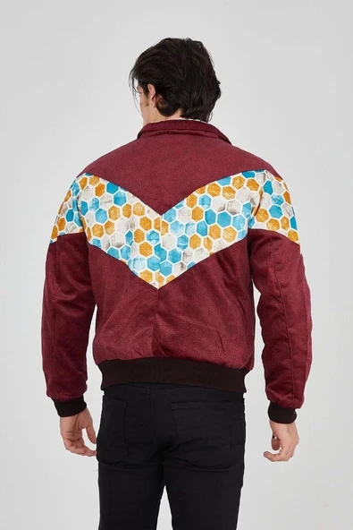 Erkek İçi Astarlı İçten Yaka Kısmı Peluşlu Beyaz Şeritli Vintage Ceket - Mürdüm - 8