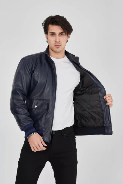 Erkek Fermuarlı İçten Elyaf ve Astarlı Suni Deri Ceket - Lacivert - Resim 4