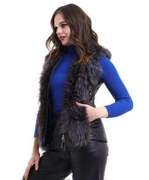 Kadın Fermuarlı Koyun Derisi Tilki Kürkü - Siyah - 2