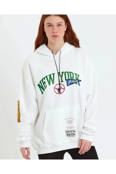 Kadın Baskılı Kapüşonlu Sweatshirt - Beyaz ürün görseli 1