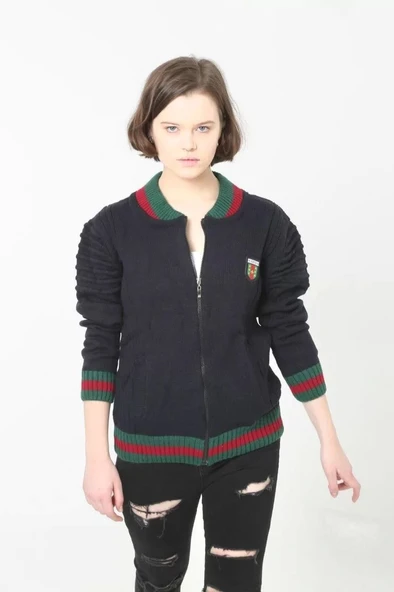 Kadın Tam Fermuarlı Triko Hırka - Lacivert ürün görseli