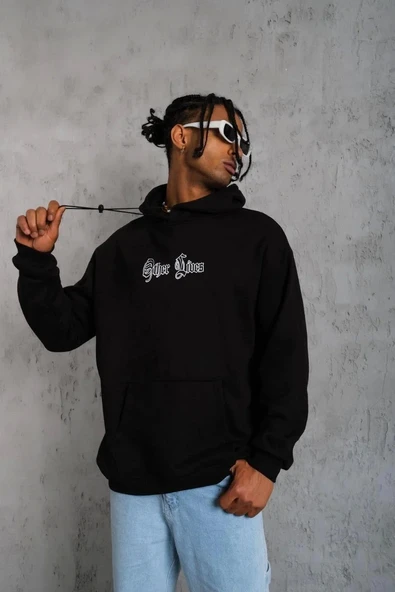 Erkek Sırt Baskılı Oversize Üç İplik Kapüşonlu Sweatshirt - Siyah - Resim 6
