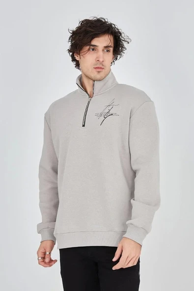 Erkek Yarım Fermuarlı Baskılı Sweat - Boyalı Gri - Resim 5