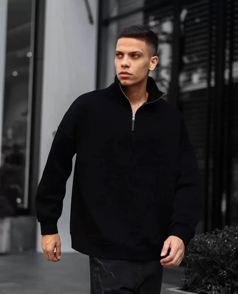 Erkek Yarım Fermuarlı Üç İplik Sweatshirt - Siyah ürün görseli 1