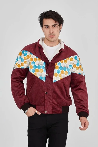 Erkek İçi Astarlı İçten Yaka Kısmı Peluşlu Beyaz Şeritli Vintage Ceket - Mürdüm - 7