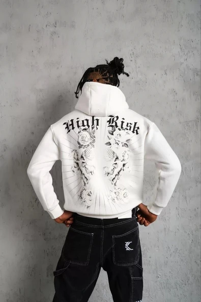 Erkek Baskılı Kapşonlu Sweat - Beyaz - Resim 2