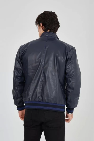 Erkek Fermuarlı İçten Elyaf ve Astarlı Suni Deri Ceket - Lacivert - Resim 8