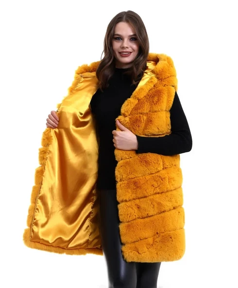 Kadın Reks Kapüşonlu Yelek - Sarı - 3