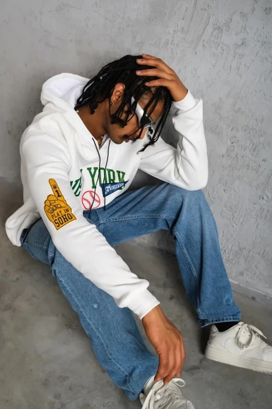 Erkek Baskılı Kapüşonlu Sweatshirt - Beyaz - Resim 7