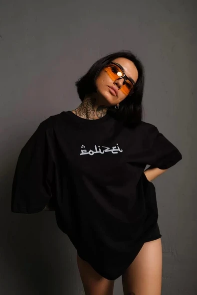 Kadın Bisiklet Yakalı Sırt Baskılı Oversize T-Shirt - Siyah - Resim 2