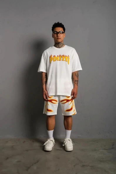 Erkek Alev Baskılı İkili Şortlu Takım - Beyaz ürün görseli 1