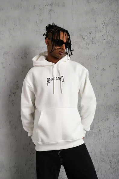 Erkek Kordon İpli Baskılı Kapüşonlu Sweatshirt - Beyaz ürün görseli 1