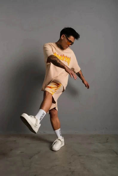 Erkek Alev Baskılı İkili Şortlu Takım - Bej - Resim 3