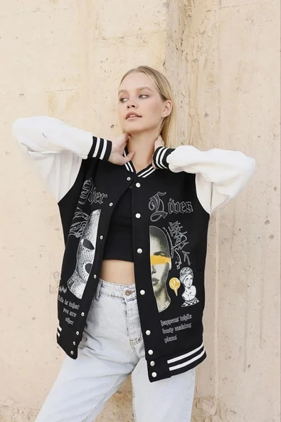 Kadın Oversize Kolej Ceket - Siyah - Resim 2