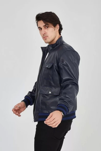 Erkek Fermuarlı İçten Elyaf ve Astarlı Suni Deri Ceket - Lacivert - Resim 6