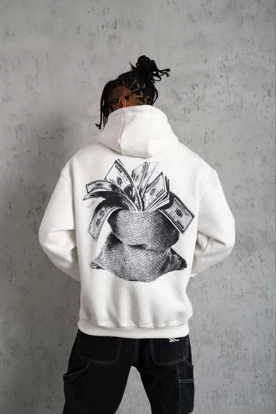 Erkek Kanguru Cep Baskılı Kapüşonlu Sweatshirt - Beyaz - Resim 2