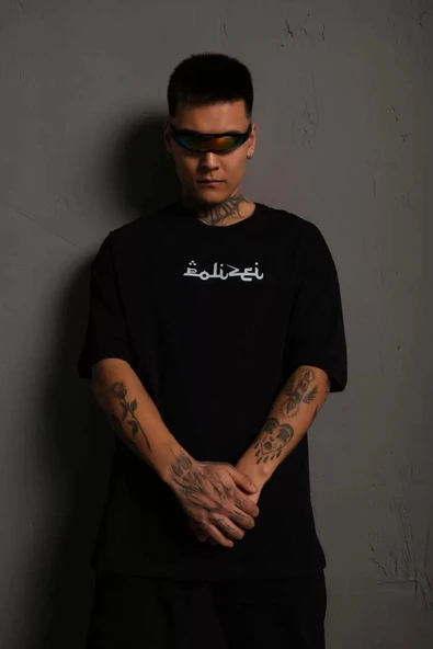 Erkek Bisiklet Yakalı Sırt Baskılı Oversize T-Shirt - Siyah - Resim 2