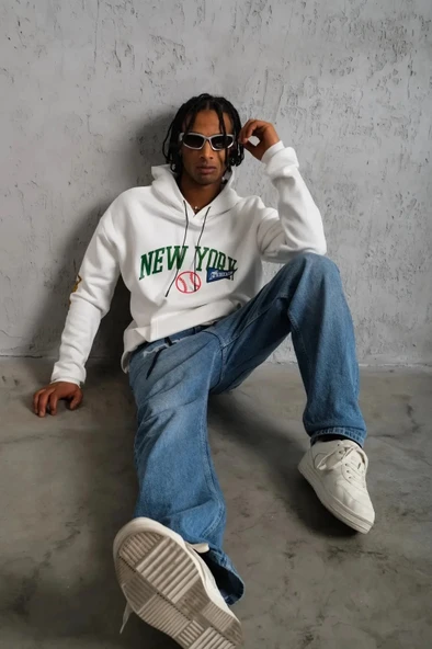 Erkek Baskılı Kapüşonlu Sweatshirt - Beyaz - Resim 6