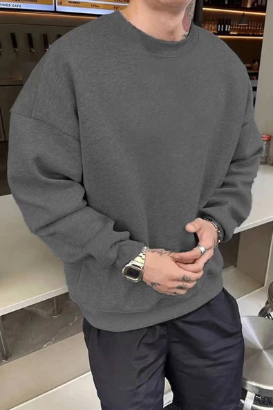 Erkek Düz Bisiklet Yaka Sweat - Füme ürün görseli 1