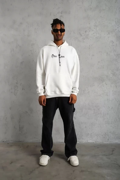 Erkek Sırt Baskılı Oversize Üç İplik Kapüşonlu Sweatshirt - Beyaz - Resim 3