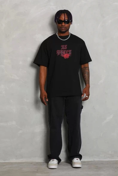 Unisex Oversize Baskılı Bisiklet Yaka T-Shirt - Siyah ürün görseli 1