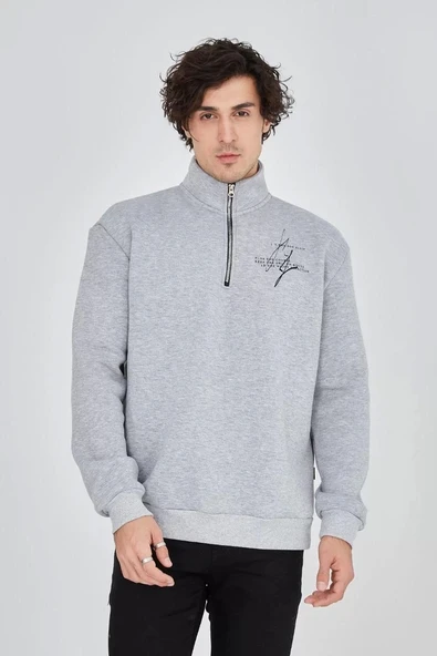 Erkek Yarım Fermuarlı Baskılı Sweat - Gri - Resim 5