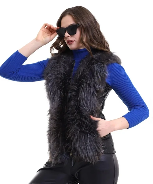 Kadın Fermuarlı Koyun Derisi Tilki Kürkü - Siyah - 3