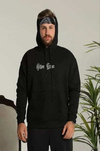Erkek Sırt Baskılı Oversize Üç İplik Kapüşonlu Sweatshirt - Siyah - Resim 3