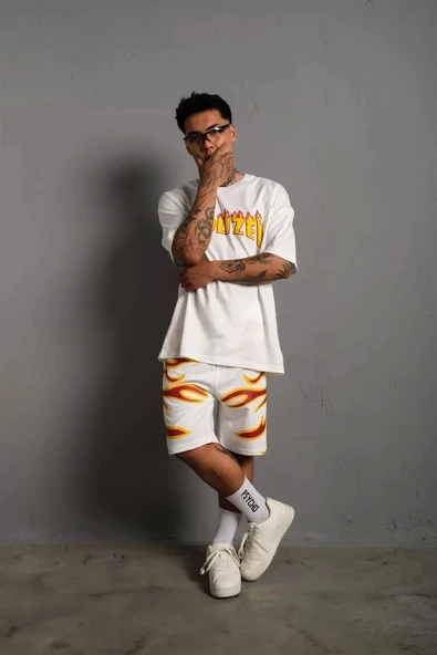 Erkek Alev Baskılı İkili Şortlu Takım - Beyaz - Resim 6