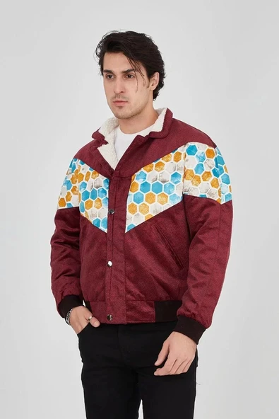 Erkek İçi Astarlı İçten Yaka Kısmı Peluşlu Beyaz Şeritli Vintage Ceket - Mürdüm - 6