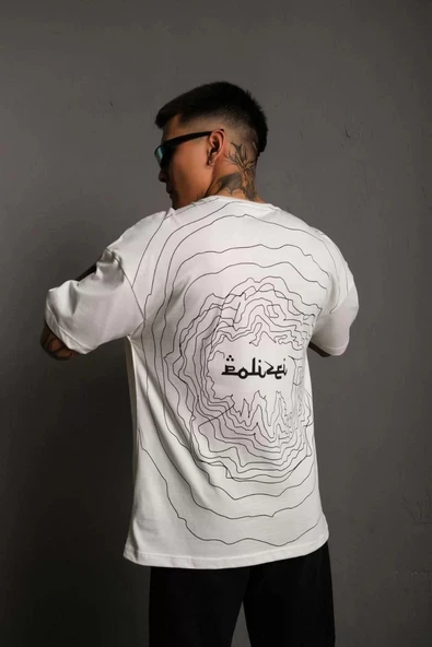 Erkek Bisiklet Yakalı Sırt Baskılı Oversize T-Shirt - Beyaz ürün görseli 1