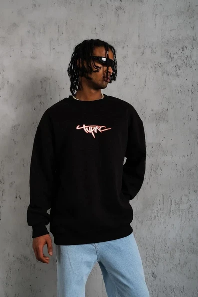 Erkek 3 İplik Gangster Baskılı Sweatshirt - Siyah ürün görseli 1