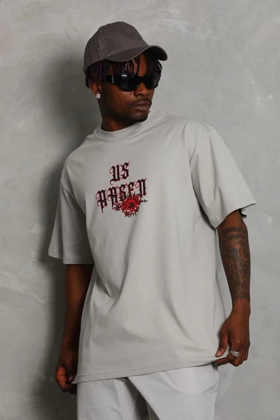 Unisex Oversize Baskılı Bisiklet Yaka T-Shirt - Gri ürün görseli 1