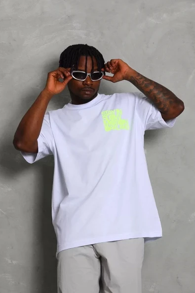 Unisex Oversize Baskılı Bisiklet Yaka T-Shirt - Beyaz - 3