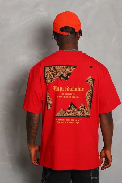 Unisex Oversize Baskılı Bisiklet Yaka T-Shirt - Kırmızı - Resim 5