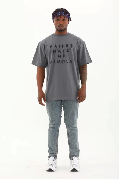 Unisex Oversize Baskılı Bisiklet Yaka T-Shirt - Füme - Resim 3