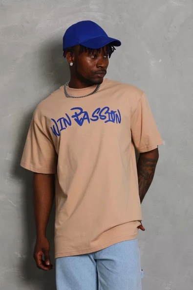 Unisex Oversize Baskılı Bisiklet Yaka T-Shirt - Bej ürün görseli 1